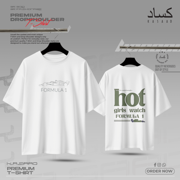 Hot Girls Watch Formula 1 Premium Drop Shoulder (White with Olive Graphics) F1 Racing Streetwear