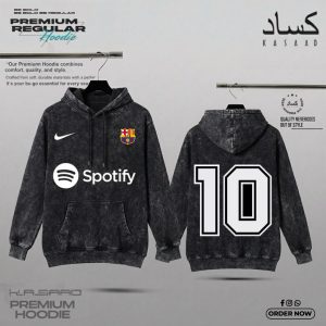 FC Barcelona Style Premium Hoodie – Spotify Edition | Number 10 & Champions League Badge (Acid Wash)